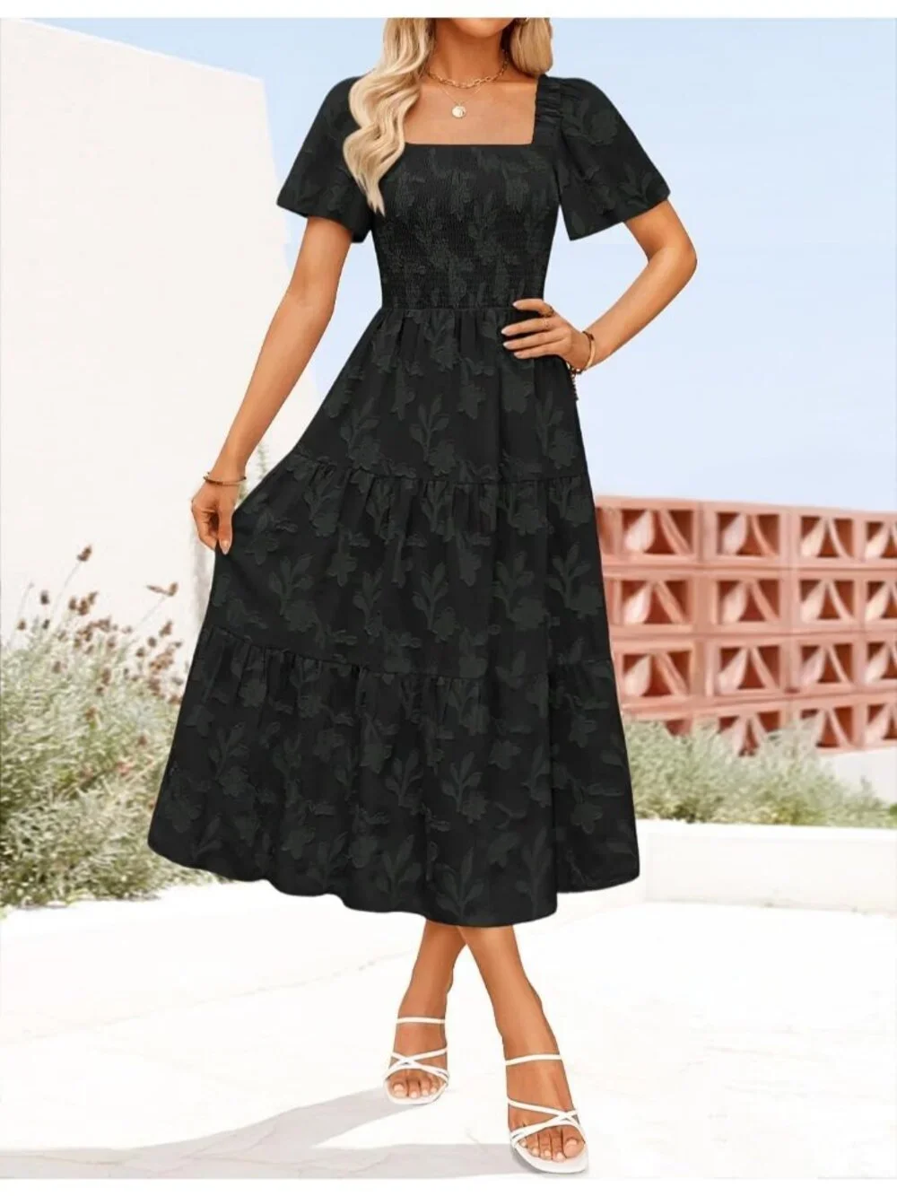 Women‘s Summer Boho Floral Midi Dress Black Short Sleeve Square Neck Flowy Beach